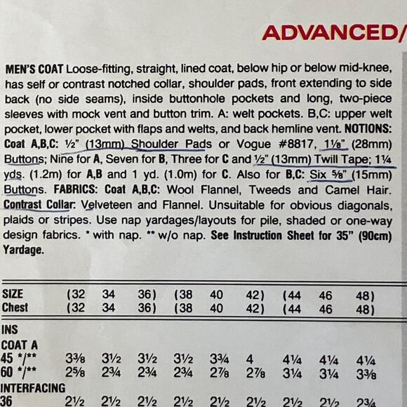 1990s Mens Coat Sewing Pattern Vogue 2613 Lined Overcoat Pea Coat Jacket 38-40 - Picture 6 of 11